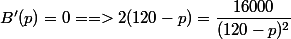 B'(p)=0 ==> 2(120-p)=\dfrac{16000}{(120-p)^2}